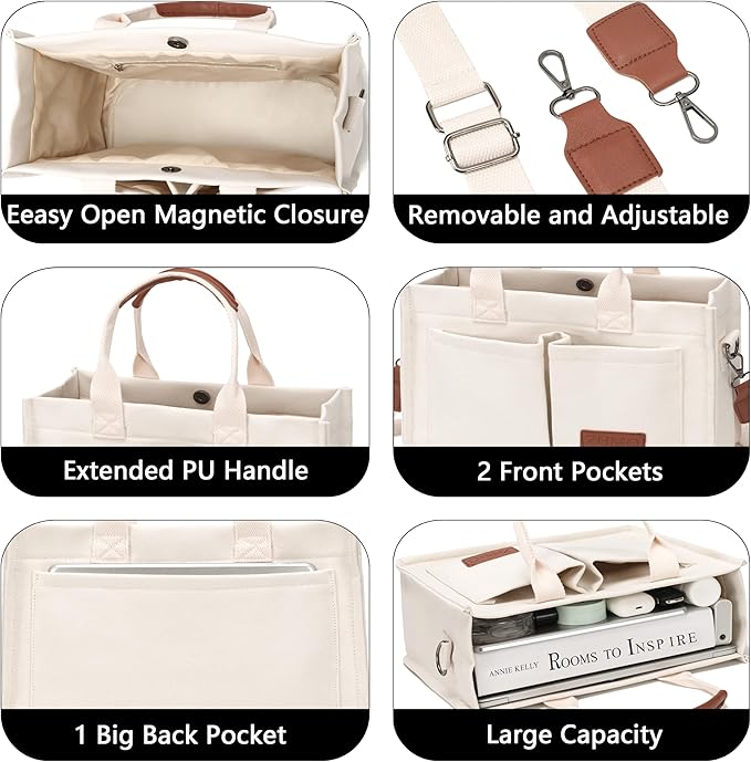 Tote Bag for Women With Compartments,Large Canvas Tote Women's Purse Crossbody Bags Work Laptop Book Bag Satchels Handbags