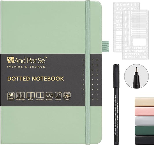 &And Per Se Bullet Dotted Journal Notebook, A5 Leather Hardcover, 176 Numbered Pages 100GSM Thick Dotted Paper, 2 Sheets of Stencils Included - 5.7'' x 8'' (Light Green)