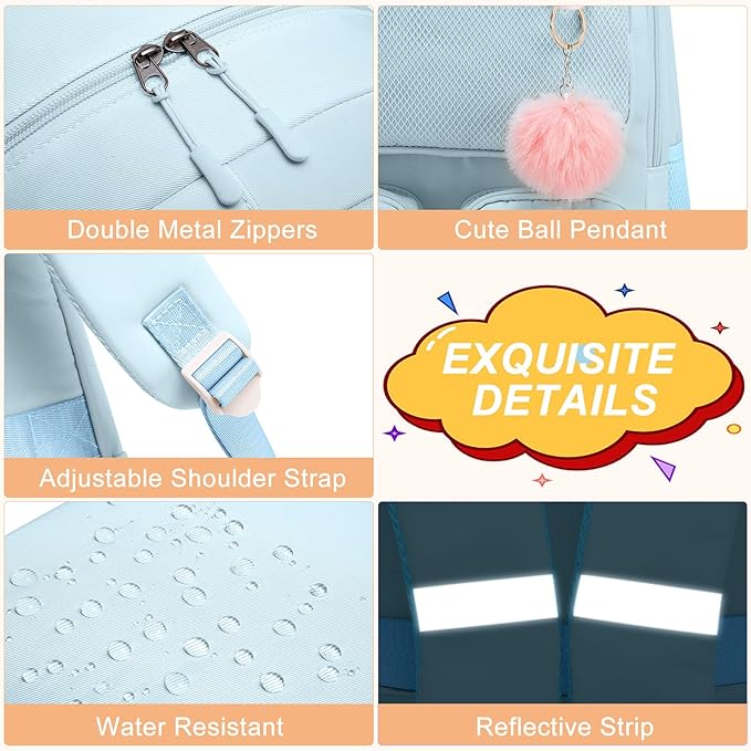 School Backpack for Teen Girls, Cute College Back Pack for Women, Kids Backpack for Girls, Middle Students School BookBag, 15.6 Inch Laptop Bag Travel Back Pack, Light Blue