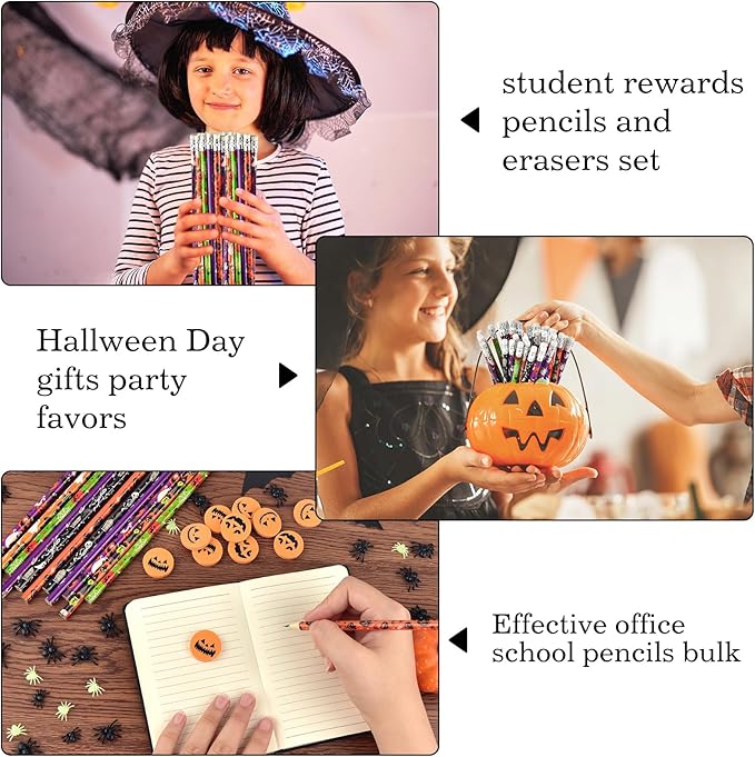 24 Pieces Carton Halloween Pencils with 24 Pieces 3D Pumpkin Erasers Sets in Bulk for Kids Funny Erasers Cute Pencils for Holiday Goodie Bags Fillers Gifts School Classroom Rewards Supplies (Hallween)