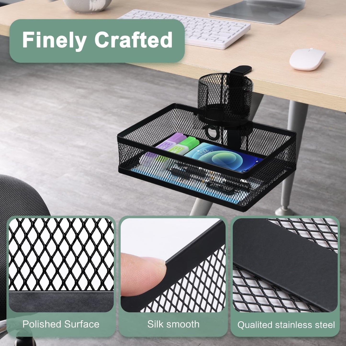 ROSYLINE 360°rotation under desk drawer, Drawer Under Desk Storage Organizer, Rotary Desk Storage Organizer with Cup Holder, Clamp Drawer Basket, sturdy and durable (black)