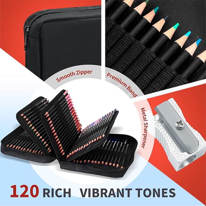 120 Colored Pencils for Adult Coloring Books, Perfect for Coloring, Oil-Based Cores Pencils Set with Zipper Case, Eraser and Sharpener,Coloring Pencils for Adults, Beginners,Artists