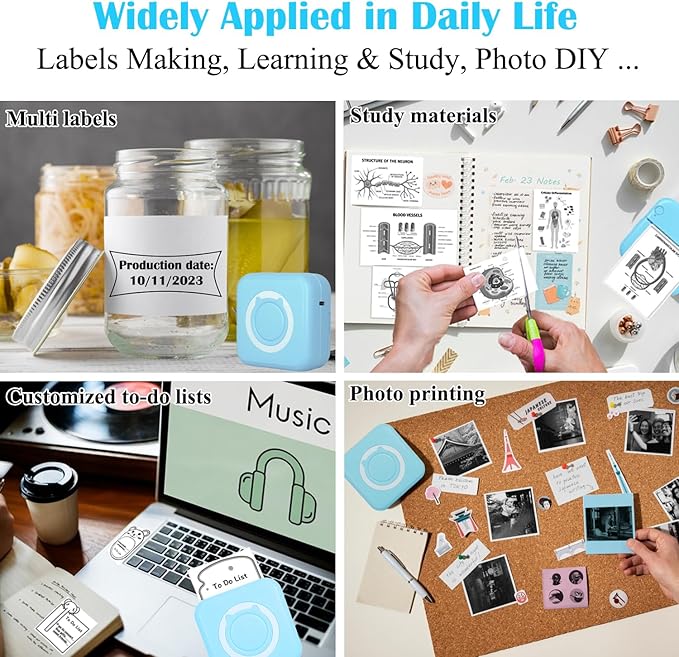 Mini Thermal Inkless Sticker Printer with 14 Rolls Paper, Compatible with iPhone/Android Phone/Tablet, Mini Pocket Printer for Photos/Stickers/Labels/Notes, Blue