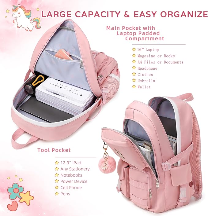 Girls Backpack,15.6 Inch Laptop School Bag Large Primary Elementary Middle College Bookbags Kids Backpacks for Teens Girls Women Students Anti Theft Travel Daypack (Pink)