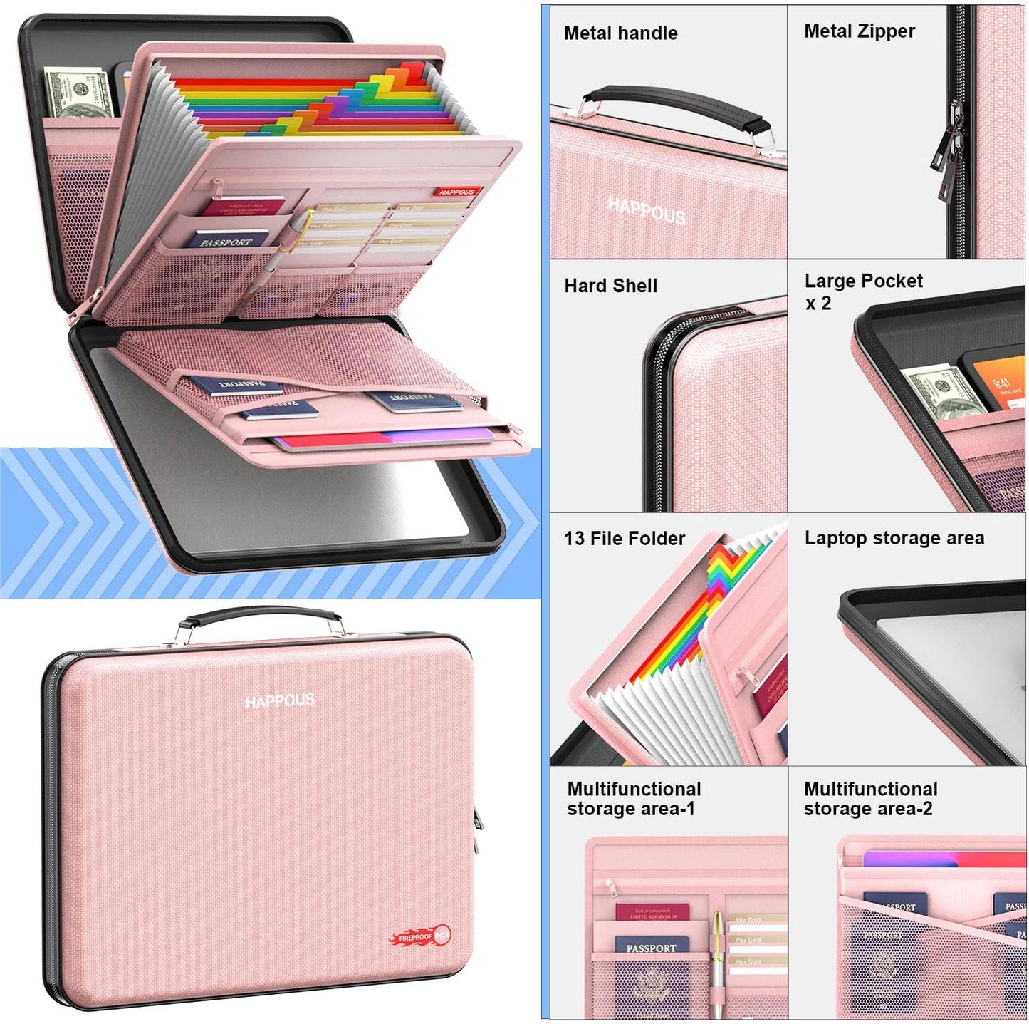 Fireproof File Box, Expanding File Organizer with 13 Pockets, Portable Fireproof Document Box Hard-Shell Document Organizer Storage for Documents Laptop Passports Cards Pink