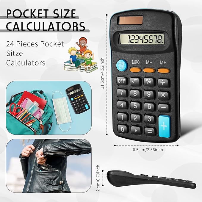 Flutesan 24 Pieces Basic Mini Calculators Bulk for Students Small Pocket Size Hand Held Calculators Desktop School Supplies for Classroom Desktop Home High School College Office(Black)