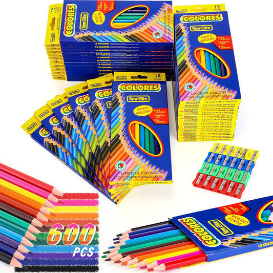 600 Count Colored Pencils Bulk, 12 Assorted Colors, 50 Packs Pre-sharpened Colored Pencils Back to School Supplies Aesthetic Kit for Kindergarten Preschool, with 24 Pcs Sharpeners