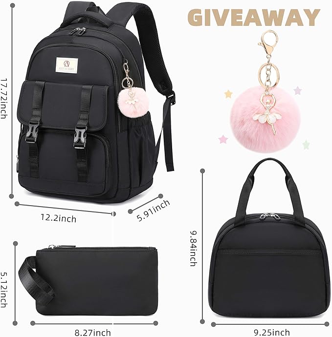 AO ALI VICTORY School Backpack for Girls Women 15.6 Inch Laptop Backpacks College Bookbag Cute Kids Elementary Middle High School Bag with Lunch Box Set for Teens Students Travel Daypack, Black Set