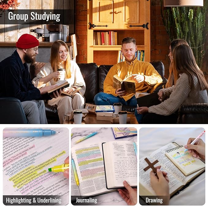 WRITECH Bible Mate Journaling Set: No Bleed Aesthetic Highlighters & 1.0 mm Black Ballpoint Pens, Bible Safe Dual Tip Highlighters, Pastel Colors, Fast-drying Ink, Journaling Kit, 9ct