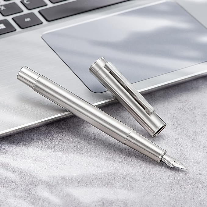 Hongdian 1861 Stainless Steel Fountain Pen Fine Nib, Classic Design Smooth Writing Pen with Converter and Metal Pen Case Set