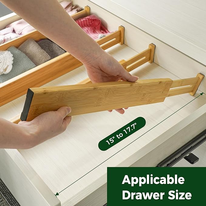 Utoplike Small Bamboo Kitchen Drawer Dividers(Fits 15"-17.7" Drawer Inner Size), 4 PCS Adjustable Drawer Organizers for Socks, Spring Loaded, Works in Drawer for Bedroom, Dresser