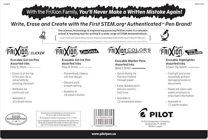 Pilot, FriXion Assorted Erasable Gel Ink Pens, Marker Pens & Highlighters, Pack of 17, Assorted Colors
