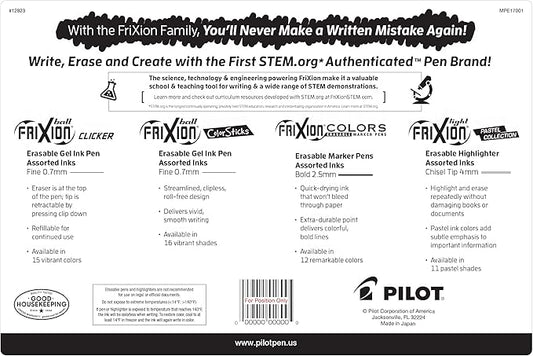 Pilot, FriXion Assorted Erasable Gel Ink Pens, Marker Pens & Highlighters, Pack of 17, Assorted Colors