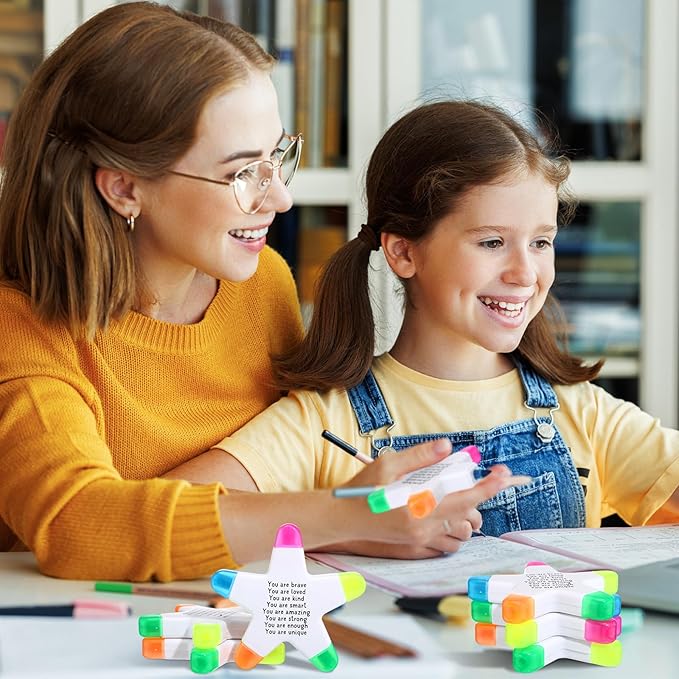 24 Sets Back to School Gifts for Students Star Highlighters with You're a Star Cards Gift Bags 5 in 1 Fluorescent Pens Affirmation Gifts for First Day of School Party Favor (Brave)