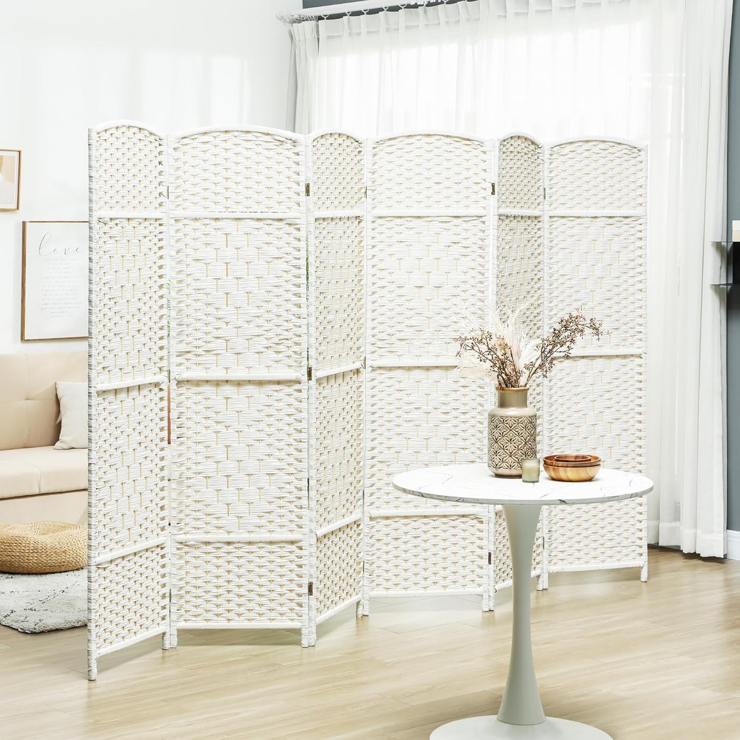 HOMCOM 6 Panel Room Divider, 6' Tall Folding Privacy Screen, Hand-Woven Freestanding Wall Partition for Home Office, Bedroom, White