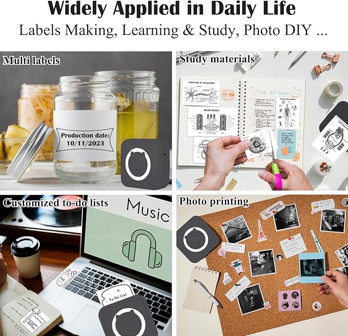 Mini Thermal Inkless Sticker Printer with 14 Rolls Paper, Compatible with iPhone/Android Phone/Tablet, Mini Pocket Printer for Photos/Stickers/Labels/Notes, Black