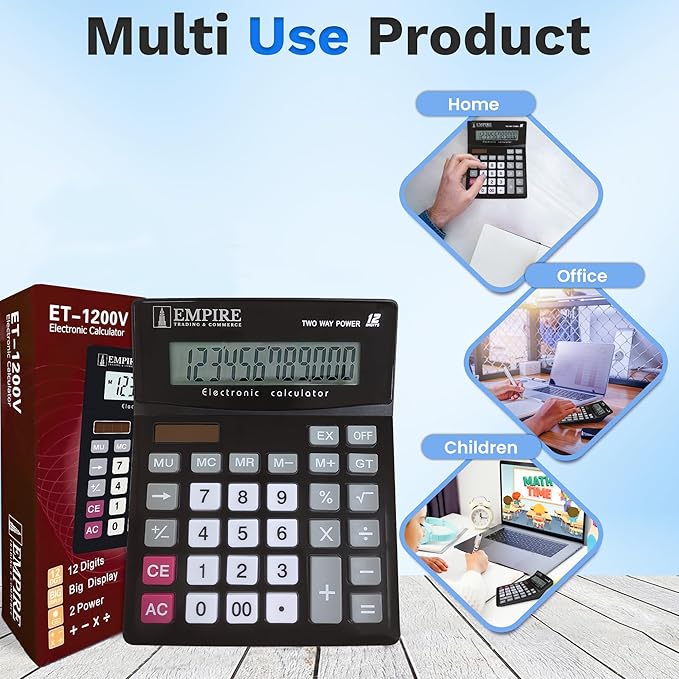 Empire Desk Calculator with Large Key Buttons, 12-Digit Large Eye-Angled Display, Solar & Battery Powered - Basic Calculator for Students, Home and Office Use (Battery Included)