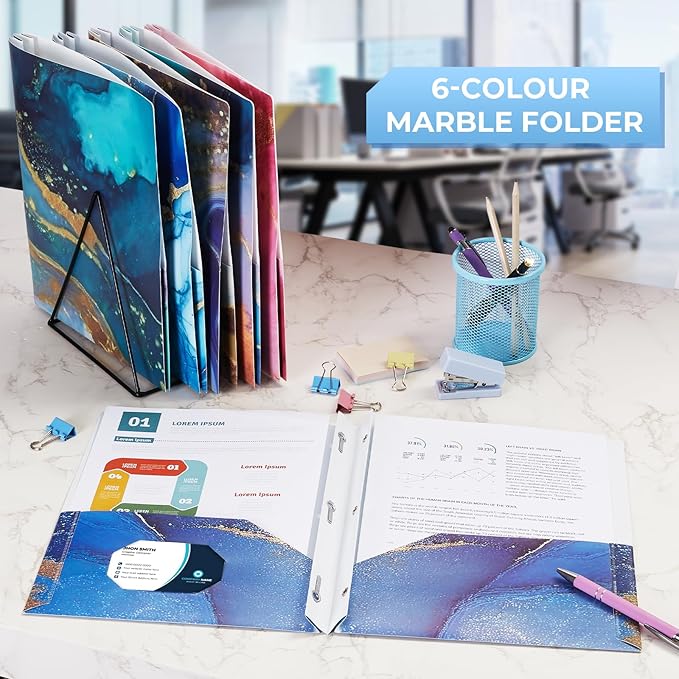 6 Pack Marble Design File Folders with Pockets - Plastic Folder with 2 Pockets & a Business Card Holder, Durable File Folders for Documents, School, Office & Home (Folder with Pockets (with Prong))