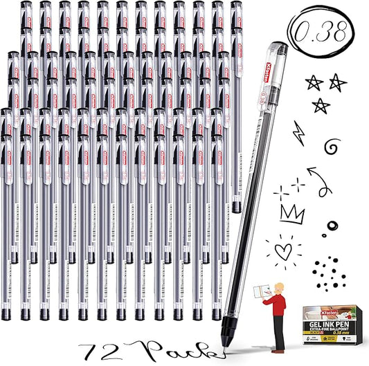 XFasten 0.38mm Gel Pens 72-Pack Japanese-Style Extra-Fine Black Gel Ink Ballpoint, Smooth Ink Flow, Smudge-Free, Quick-Drying, No Smear for Journaling, Note-Taking, Office, and School