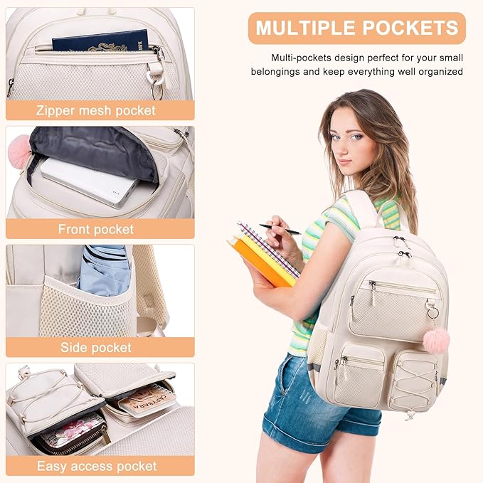 School Backpack for Teen Girls, Cute College Back Pack for Women, Kids Backpack for Girls, Middle Students School BookBag, 15.6 Inch Laptop Bag Travel Back Pack, Beige