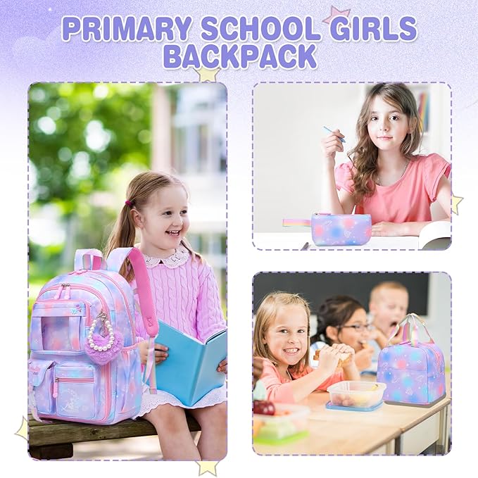 Sweet Girls Backpack - Stylish Splash-resistant School Bag with Multiple Pockets & Trendy Laptop Compartment（17inch Set Purple）