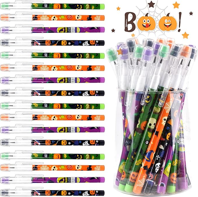 Kolewo4ever 96 Pieces Halloween Pencils Translucent Pencil Pop Up Stackable Plastic Pencils Multipoint Non Sharpening Pencil for Halloween Party Supplies