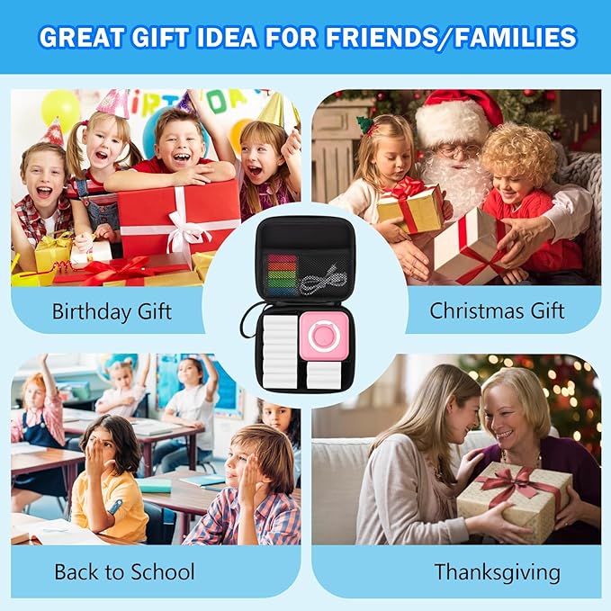 Pink Mini Pocket Printer with Black Case, Mini Thermal Printer with 10 Rolls Thermal Paper, Portable Photo Printers for Travelling, Journal, Memo, Photo, Study Notes, Shopping Lists