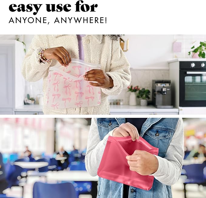 Fit & Fresh Reusable PEVA Storage Bags 3 Pack, Reusable Food Storage Bags, LeakProof Bag, Durable, Reusable Sandwich Bags, Freezer Safe Bags, Hand Wash, Easy to Clean, Eco-Friendly, Pink Bows
