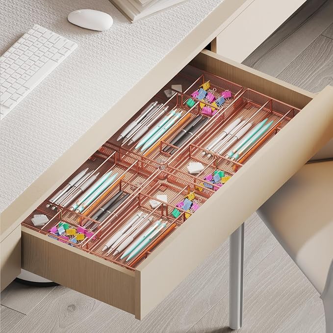 Desk Drawer Organizer Tray, Mesh Desk Organizer, Office Drawer Organizer, Desk Accessories & Workspace Organizers, Suitable for Tools, Pencils, Office Supplies Storage (Rose Gold)