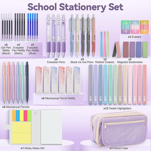 61 PCS Aesthetic School Supplies with Cute Pen Case, Pastel Highlighters, Gel & Erasable Pens, Mechanical Pencils, Refills, Complete Essentials Stationery Kit for Students (Purple)