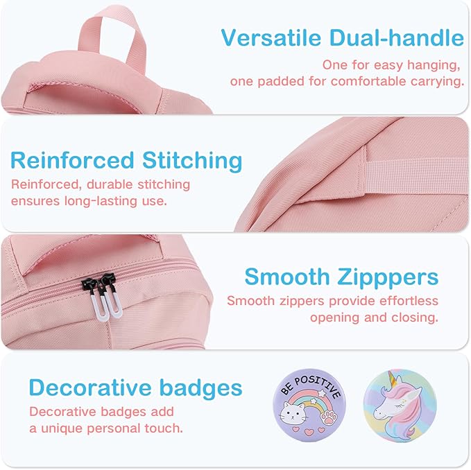 VASCHY Backpack for Girls, Cute School Bag Bookbag for Elementary Middle Schooler Teen Girls/Kids Travel with Clear Pin Pouch Pink