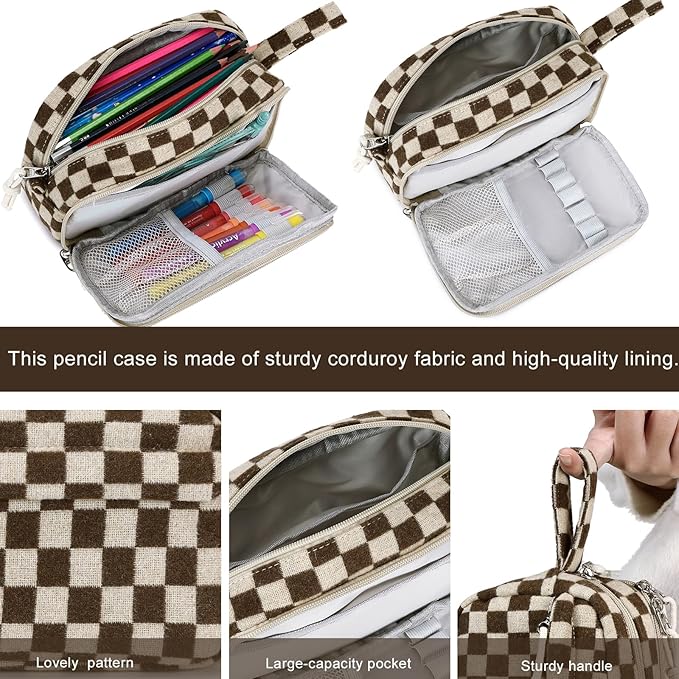Bluboon Big Capacity Pencil Case Pencil Pouch Pen Case School Supplies Cute Pencil Box Pencil Bag for Teen Girls Boys Women Man (Khaki Brown Checked)