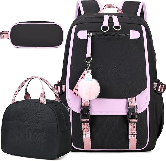 Bevalsa School Backpack for Girls, Backpack with Lunch Box & Pen Case, Bookbag for Girls Kids Elementary Middle High School Student 21L Children Schoolbag (Purple Black)