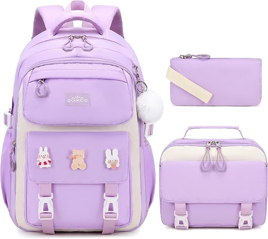 3PCS Girls Backpack for School, Kids Backpack for Girls with Lunch Box Pencil Case Set for Teen Girl Elementary Primary Middle High College School Bookbag with Cute Pins (Purple)