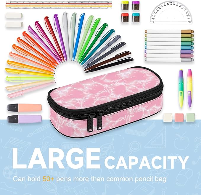 Lightning Large Pencil Case Big Capacity Pink Pencil Pouch for Girls Boys Teen Women Men Adult, Portable Kids Pencil Bag with Zipper, Stationery Storage Pen Bag for School Supplies Office Organizer