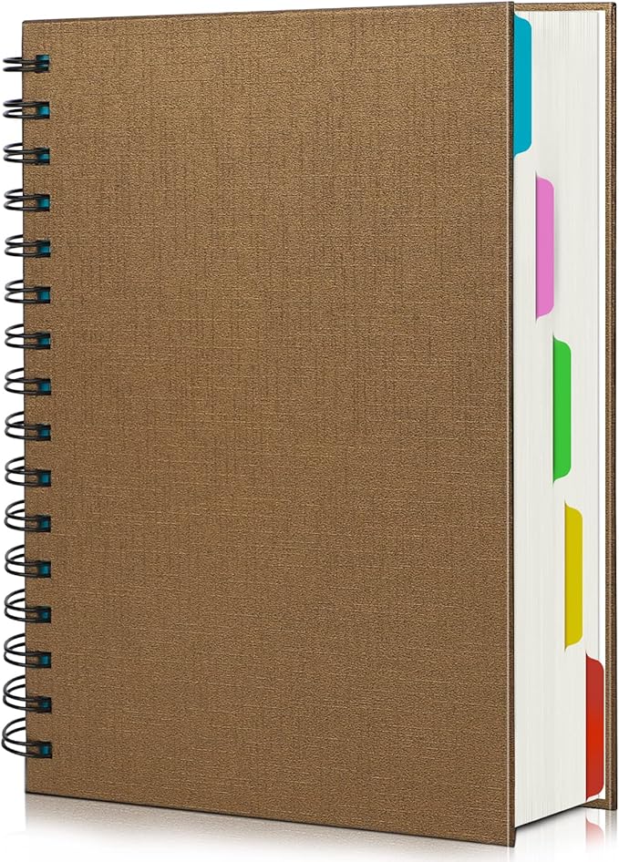 EUSOAR Notebook 5 Subject with Tabs, 1pcs A5 5.5"x8.3" Spiral College Ruled Writing Pad, 100GSM 120Sheets/ 240Pages of Lined Paper, Thick Hardcover, for Traveling Students, Office and Business, Kraft