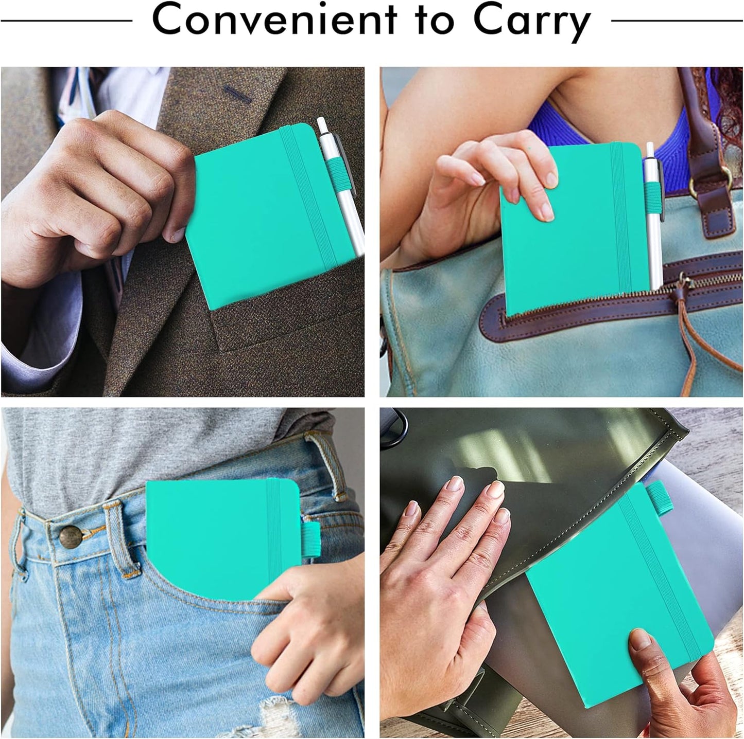 feela 3 Pack Pocket Small Notebook Journals, Mini Cute Memo Notepad Hardcover College Ruled Lined Journals with Pen Holder for Women Girls Office School, with 3 Black Pens, 3.5”x 5.5”, A6, Aqua