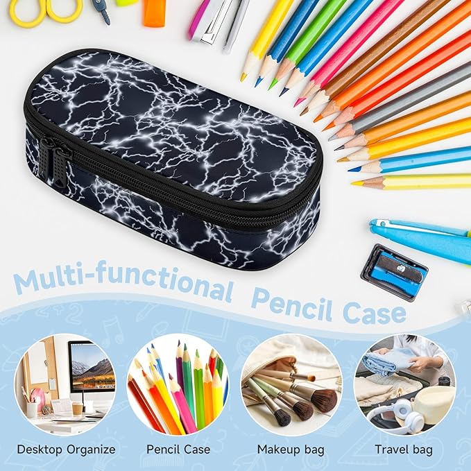 Lightning Large Pencil Case Big Capacity Black Pencil Pouch for Boys Girls Teen Women Men Adult, Portable Kids Pencil Bag with Zipper, Stationery Storage Pen Bag for School Supplies Office Organizer