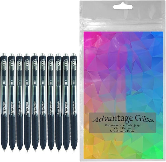 Paper Mate InkJoy Gel Pens, Black Ink, Medium Point (0.7mm), 10 Count, Bundle with Plastic Reusable Pouch