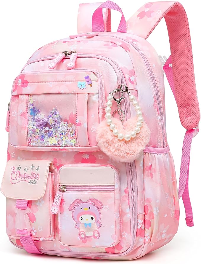 Lovely Girls Backpack School Bag for Students Kids Book Bag with Multiple Pockets Splash-proof Children's Backpack（17inch Pink）