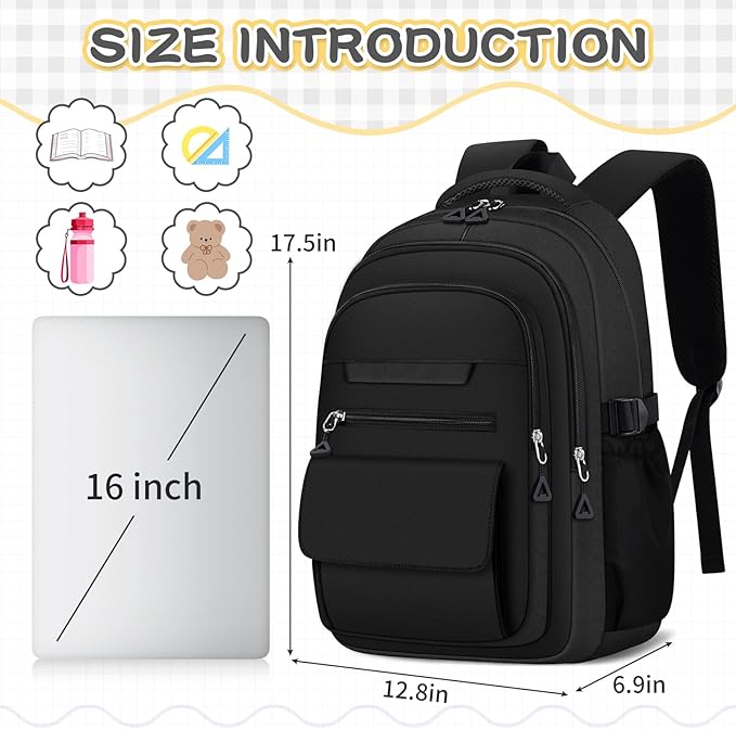 Cute Backpack for School Teen Girls Black Bookbag Aesthetic Womens Travel Book Bags for School Kids Student Back Packs