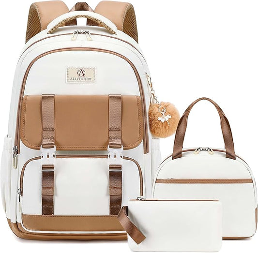 AO ALI VICTORY School Backpack for Girls Women 15.6 Inch Laptop Backpacks College Bookbag Cute Kids Elementary Middle High School Bag with Lunch Box Set for Teens Students Travel Daypack, Brown Set
