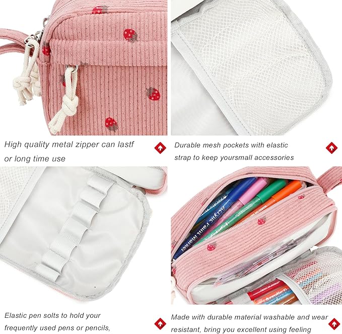 Bluboon Large Capacity Pencil Case Pen Pouch for School Supplies, Teens, Girls, Boys, Women & Men, Durable Multi-Purpose Organizer (Strawberry Pink2)
