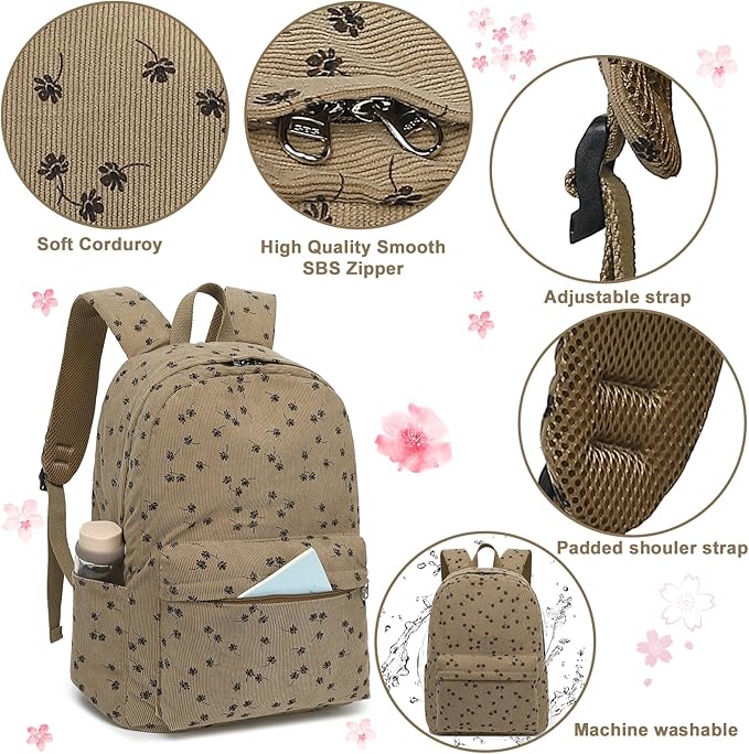 School Backpack for Teens Large Corduroy Bookbag Lightweight 15.6 inch Laptop Bag for Girls Women Casual High School College