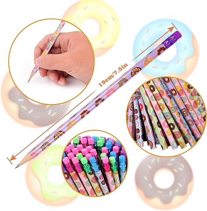 200 Pieces Donut Themed Pencils Cylinder Wood Pencils with Various Donut Element 4 Style Assorted Kids Pencils Girls Birthday Present Party Supplies Student Carnival Prize School Office Supply (200)
