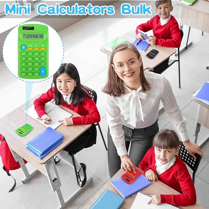 Aodaer 48 Pieces Back to School Pocket Size Calculator with Drawstring Bags Back to School 8 Digit Display Basic Calculator Mini Calculator Bulk for School Students Desktop Home Office, 8 Colors