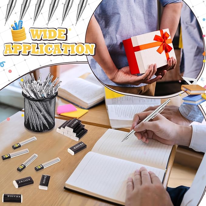 72 Pcs Operation Christmas Items 0.5mm Mechanical Pencils Bulk Set Include Metal Mechanical Pencil HB Lead Refills Erasers for Art Office Classroom Student Writing Drawing(Silver)