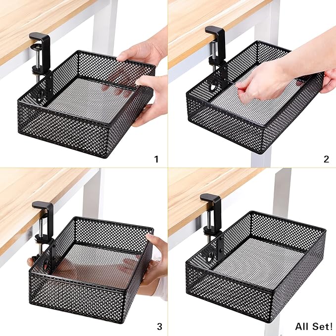 Mesh Desk Organizer and Clamp-on Swivel Pencil Drawer, Desk Hidden Extra Sturdy C-Clamp Mount System and Easy to Instal, Home Office Art Supply Storage Box (Black)