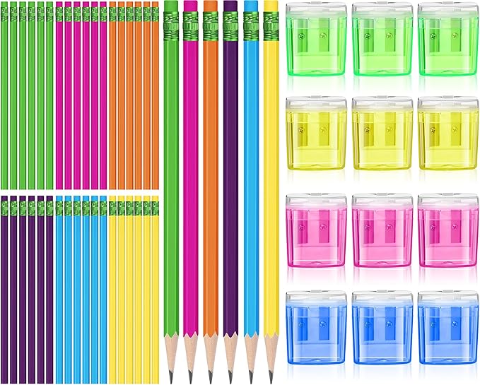 Yeaqee 120 Pcs #2 HB Pencils with 12 Pcs Pencil Sharpener Set, Number 2 Unsharpened Pencils with Eraser Bulk Colored Manual Pencil Sharpener for Kid Party Favor School Essential Supplies Kit