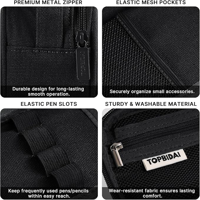 Large Pencil Case Pouch for Boy Men Kids Adults, Big Capacity Canvas Pencil Bag, Office College School Multi Compartment Zipper Stationery Pen Bag (Black)